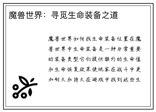 魔兽世界：寻觅生命装备之道