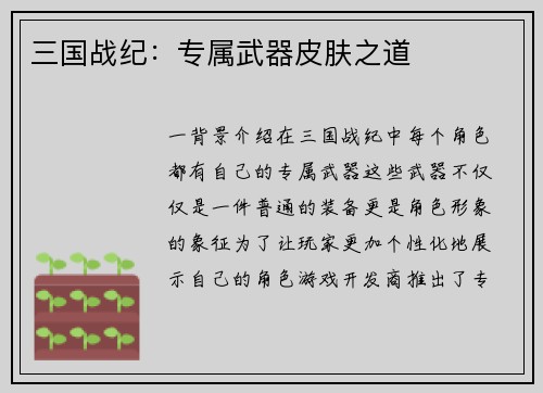 三国战纪：专属武器皮肤之道